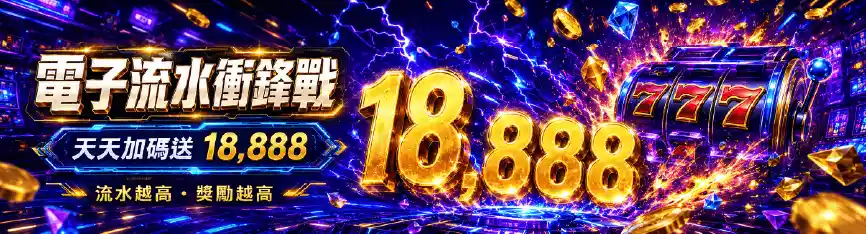 【3A娛樂城優惠】電子流水衝鋒戰:天天加碼送 18,888,只要1倍流水 1 電子流水衝鋒戰活動橫幅